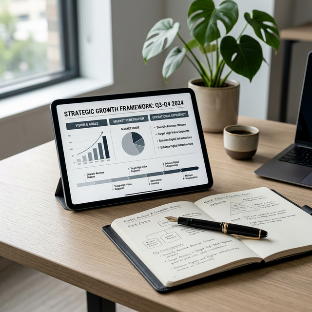 Strategy documents on a desk representing consultants